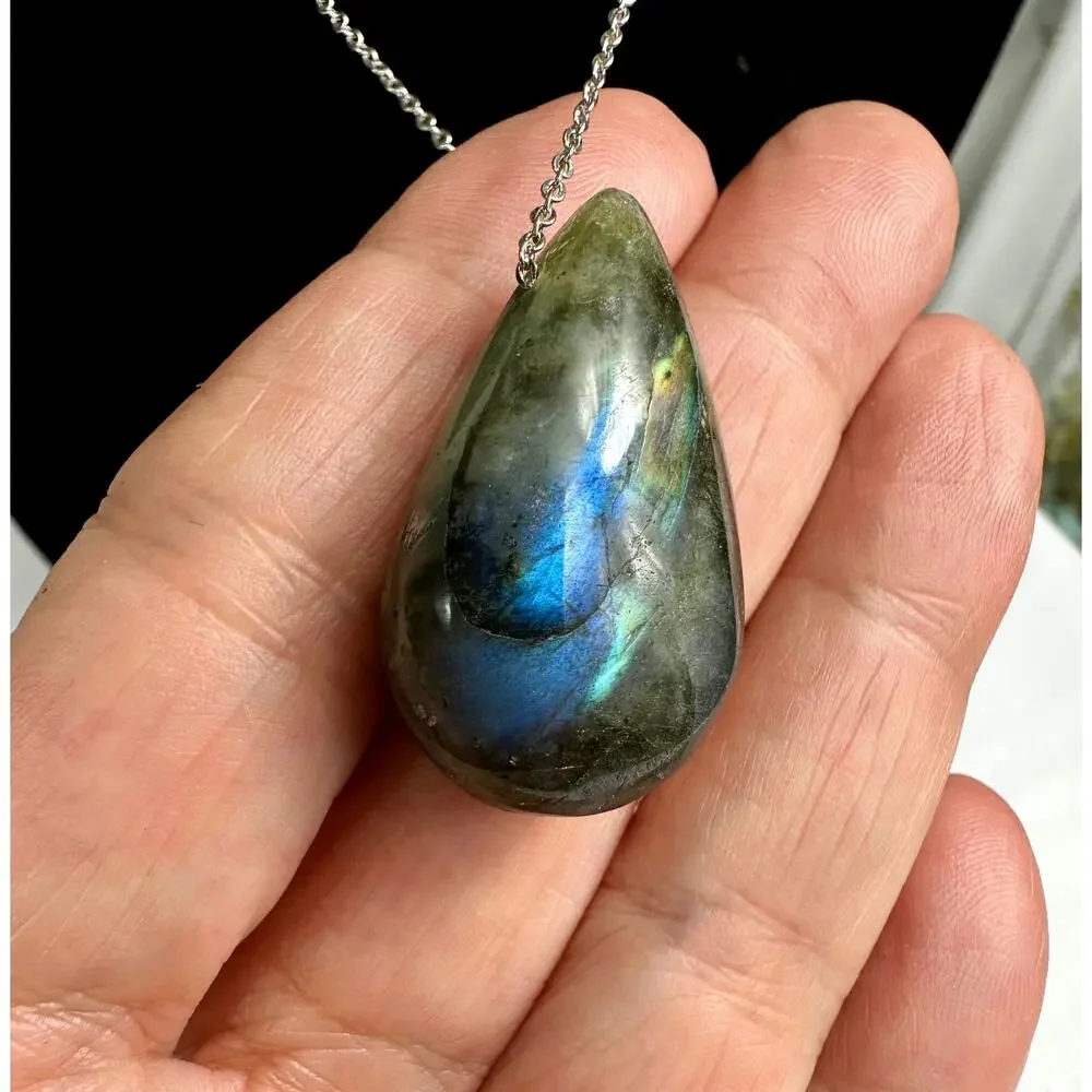 Blue Flash Labradorite Teardrop Pendant Necklace 18K Gold Plated Chain Natural